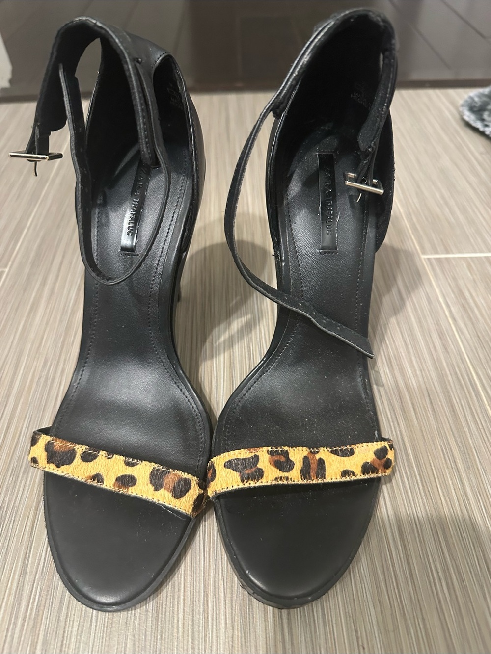 Zara Black Ankle-Strap Heels with Leopard Front Strap